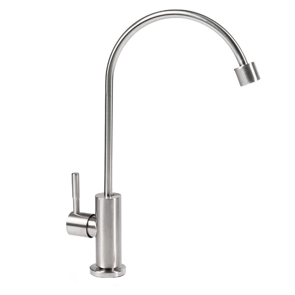 Der 1-Wege-Hahn Novara INOX ist ein moderner Edelstahl-Wasserhahn mit einem hohen, geschwungenen Auslauf und einem seitlich angebrachten Einhebel. Sein minimalistisches, schlankes Design passt zu modernen Küchen - ideal zum Servieren von gefiltertem Wasser.