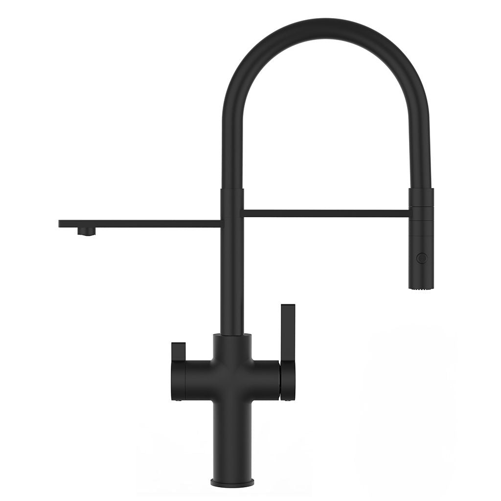 Die Levanto Neo Black 3-Wege-Wasserhahn ist eine moderne Küchenarmatur mit mattschwarzer Oberfläche, hohem, gebogenem Auslauf und zwei Griffen - einem Hebel und einer horizontalen Stange - auf weißem Hintergrund.