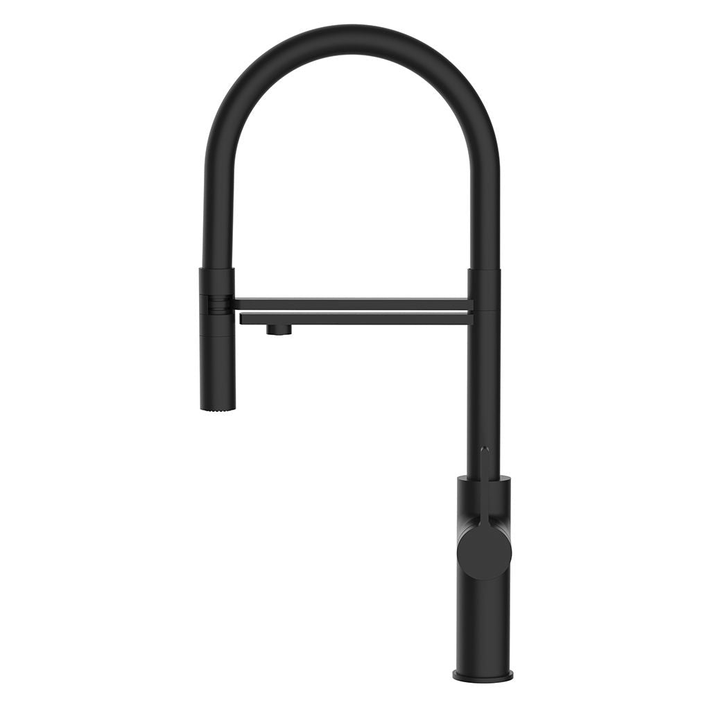 Die Levanto Neo Black 3-Wege-Wasserhahn ist eine moderne, mattschwarze Küchenarmatur mit einem hohen, geschwungenen Auslauf und einem Einhebelgriff auf der rechten Seite zur einfachen Steuerung von Durchfluss und Temperatur.