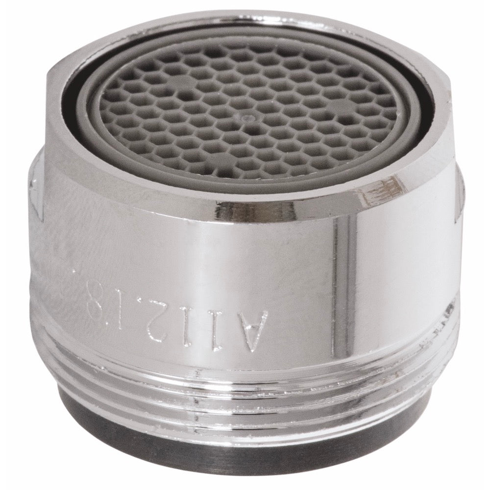 Nahaufnahme des Alvito Auslaufsieb groß für Armatur Verona, mit einem zentralen sechseckigen Netz für Warm- und Kaltwasser, mit Gewinderändern für eine einfache Installation.