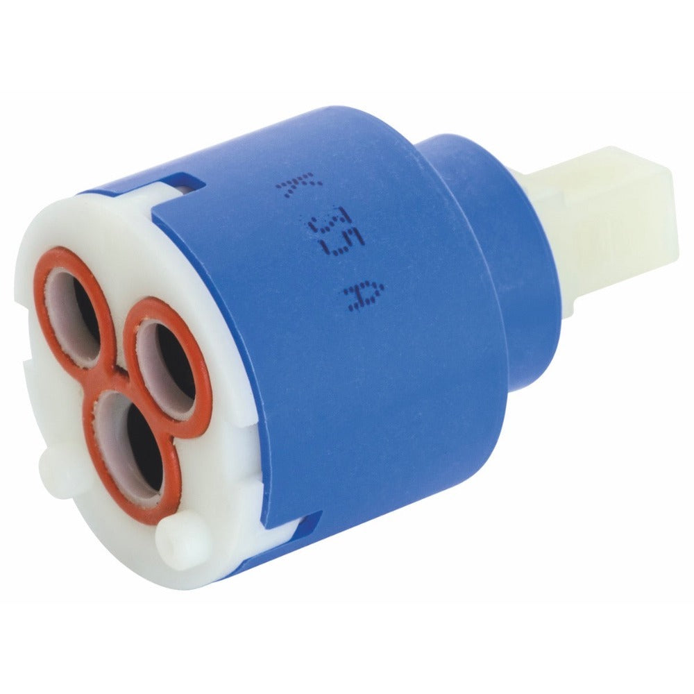 Die Alvito Kartusche für Armatur Florenz ist eine blau-weiße, zylindrische Kunststoffkartusche mit drei runden Warm- und Kaltwasserlöchern, die an einem Ende von roten Gummiringen eingefasst sind, und einem rechteckigen weißen Stiel am anderen Ende.