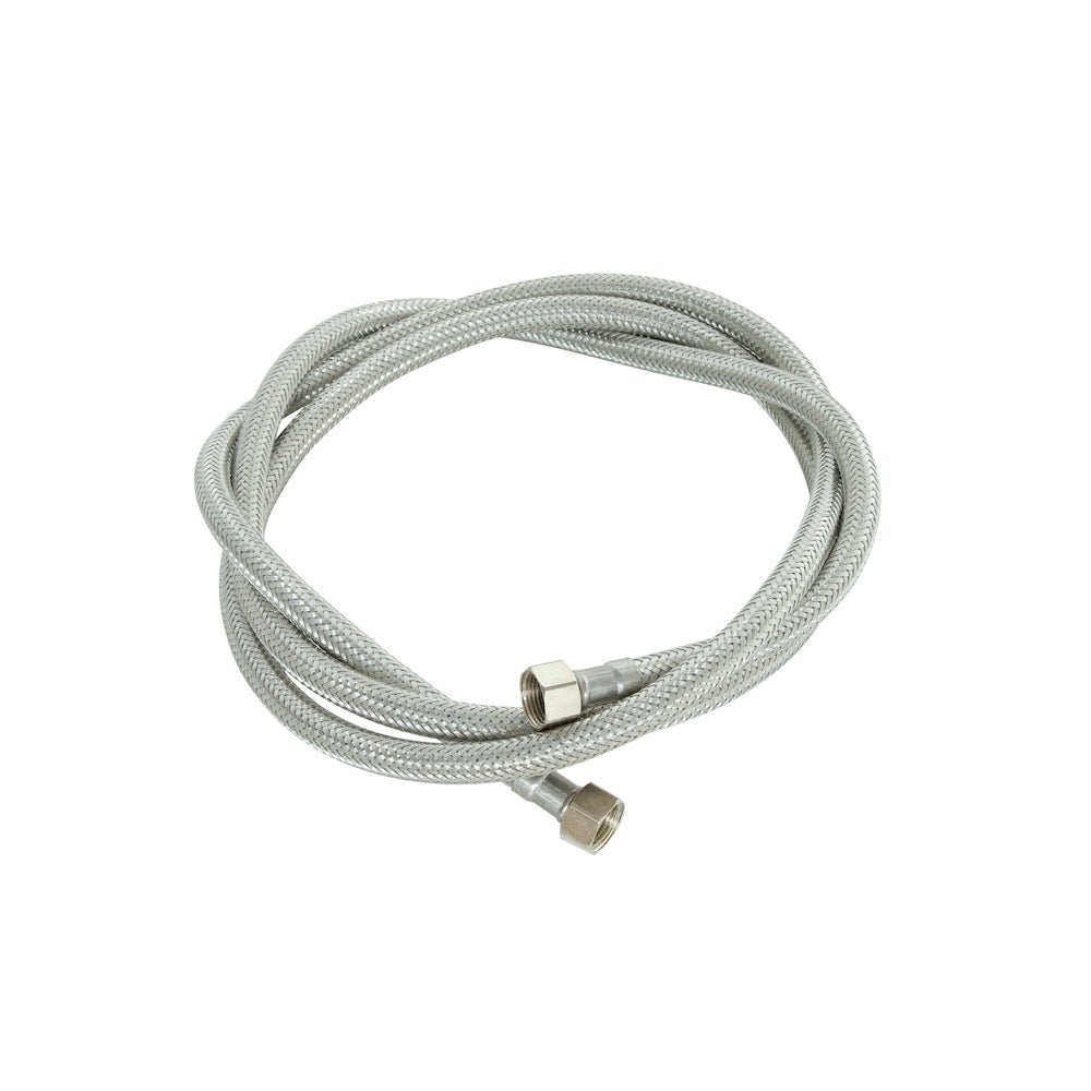 Der Carbonit VARIO Panzerschlauch 200 cm von Carbonit ist ein aufgerollter, silberner Flechtschlauch mit 3/8" Sechskantanschlüssen an beiden Enden, abgebildet auf weißem Hintergrund.