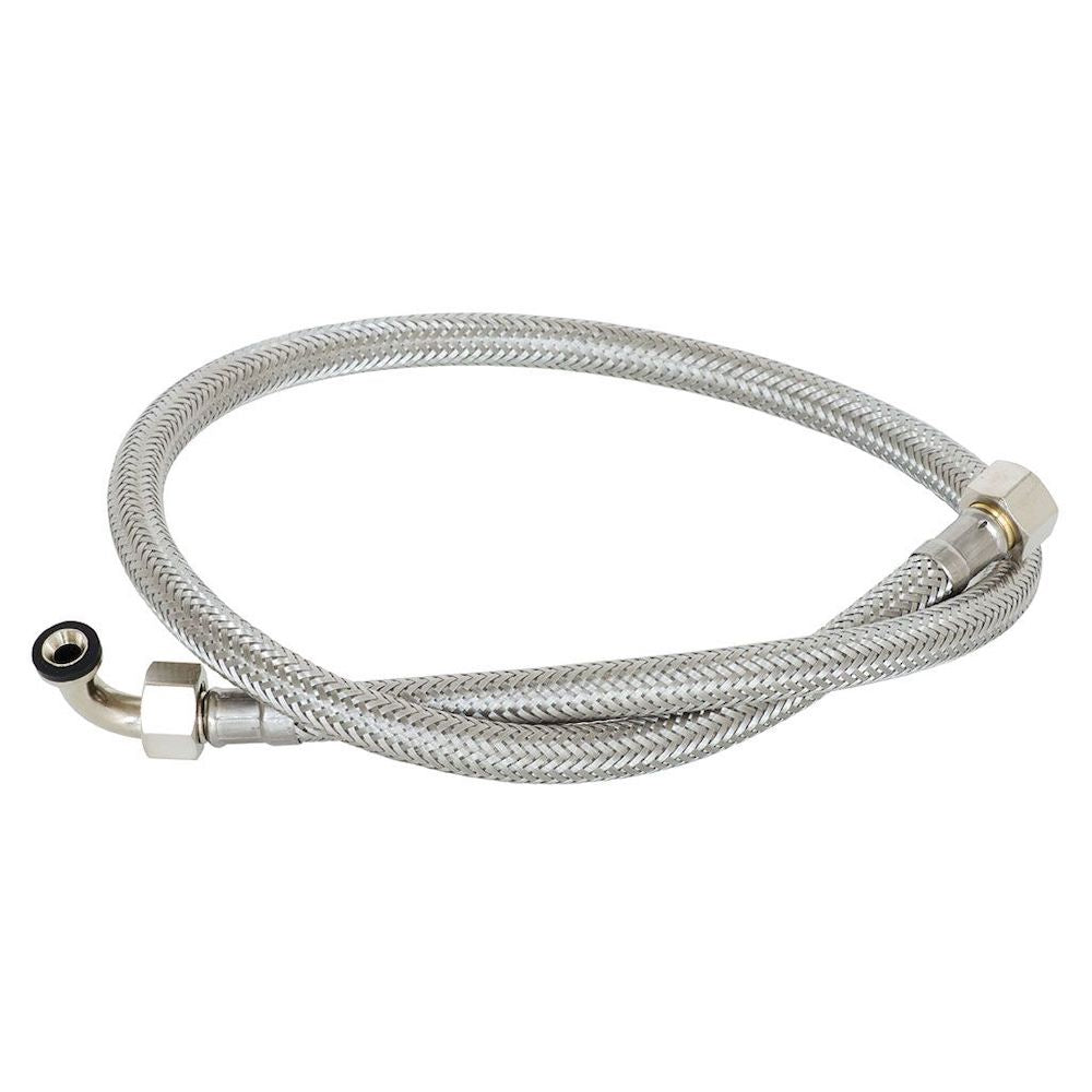 Der Alvito Winkel-Eingangsschlauch mit 90°-Bogen ist ein flexibler, geflochtener Edelstahlschlauch mit einem geraden und einem abgewinkelten Metallanschluss - ideal für Sanitärinstallationen, Wasseranschlüsse von Geräten oder die Verwendung mit Alvito Untertischwasserfiltern.