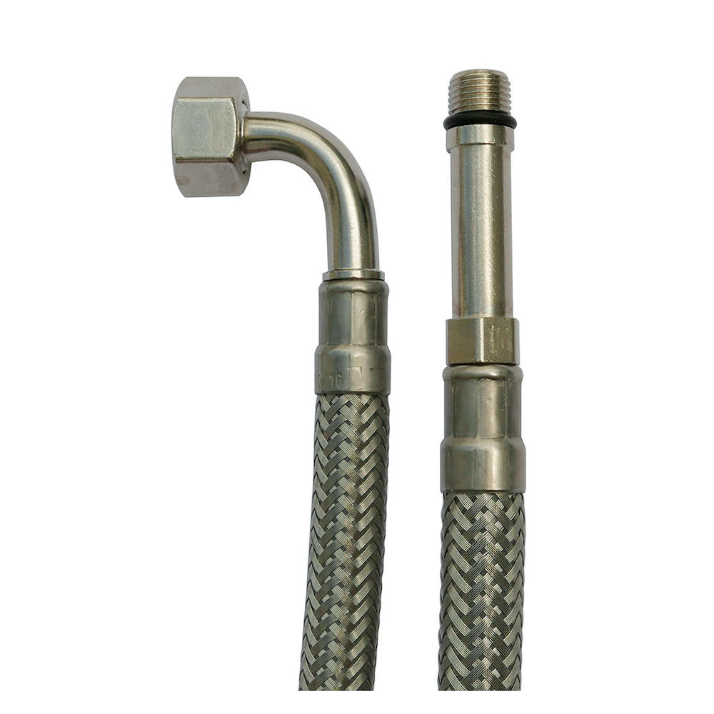 Zwei geflochtene Metallschläuche von Alvito: der "Alvito Ausgangsschlauch 100 cm für M10-Gewinde", einer mit rechtwinkligem Anschluss und Sechskantmutter, der andere mit geradem Außengewinde und O-Ring, zur Verwendung mit Alvito Untertischwasserfiltern.