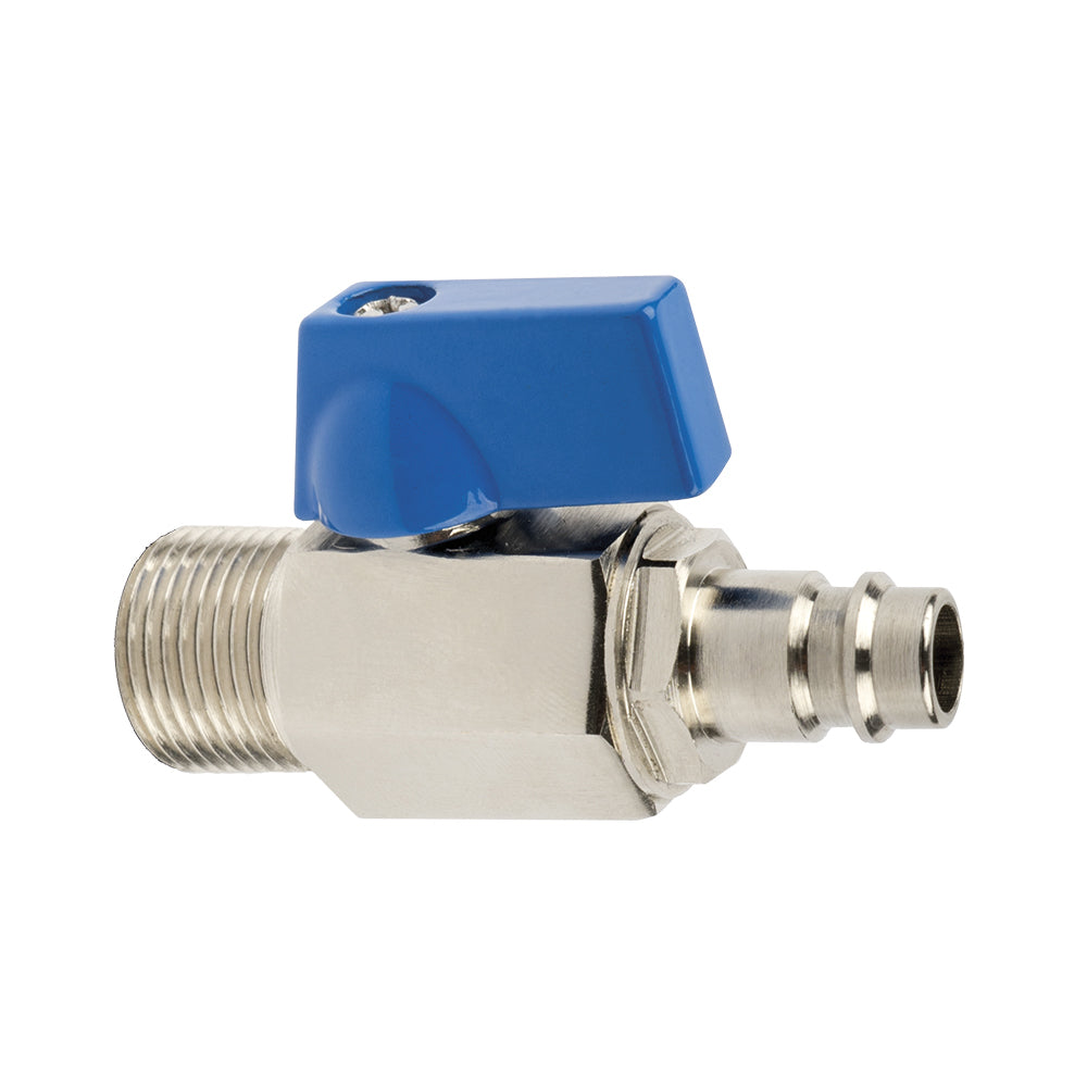 Der Alvito Stecknippel Integral mit Absperrhahn und Rückflussverhinderer ist ein Metallkugelhahn mit blauem Hebel, 3/8"-Außengewinde und Schlauchanschluss, isoliert auf weißem Hintergrund dargestellt.