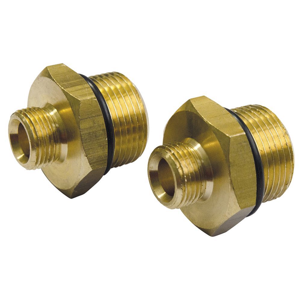 Zwei Messingadapter mit Sechskantkörper und schwarzen Gummi-O-Ringen, Carbonit VARIO Anschlusssatz 3/8" (1 Paar), von Carbonit, sind nebeneinander auf weißem Hintergrund abgebildet.