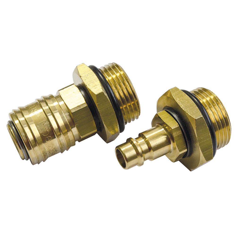 Ein Paar Carbonit VARIO Anschluss Stecker 3/4" von Carbonit, mit Messinggewinde und schwarzen O-Ringen, sind nebeneinander auf weißem Hintergrund abgebildet. Perfekt für den Anschluss von Untertischfilter-Gehäusen.