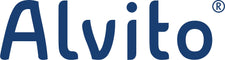 Der weiße Text auf dunkelblauem Hintergrund lautet "Alvito®" in großer Schrift, darunter "Achtsam Leben" in kleineren Großbuchstaben. Die Ecken des Bildes sind leicht abgerundet.