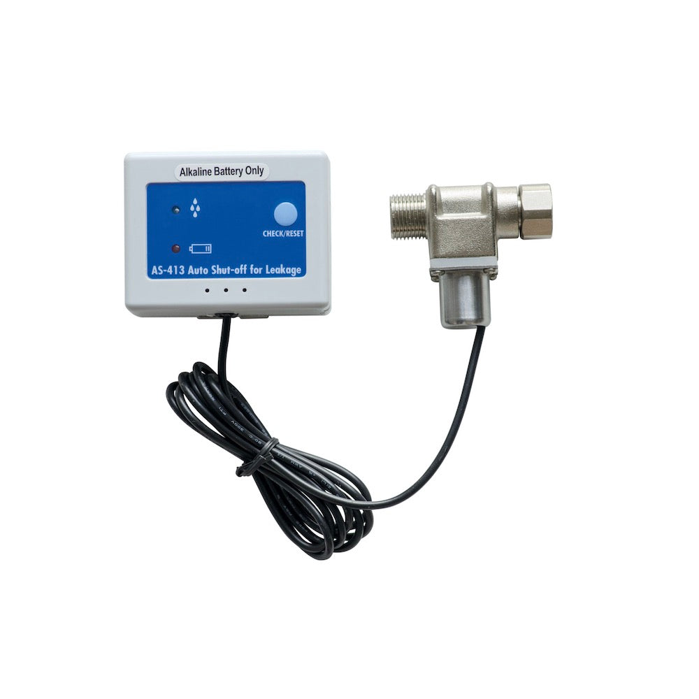 Der Alvito AquaStop mit 3/8"-Anschlüssen ist ein Leckageerkennungsgerät mit Sensor und Steuereinheit (AS-413 Auto Shut-off for Leakage), schwarzer Drahtanschluss, konzipiert für den Einsatz mit Einbaufilter; inklusive Anleitung für Alkalibatterien.