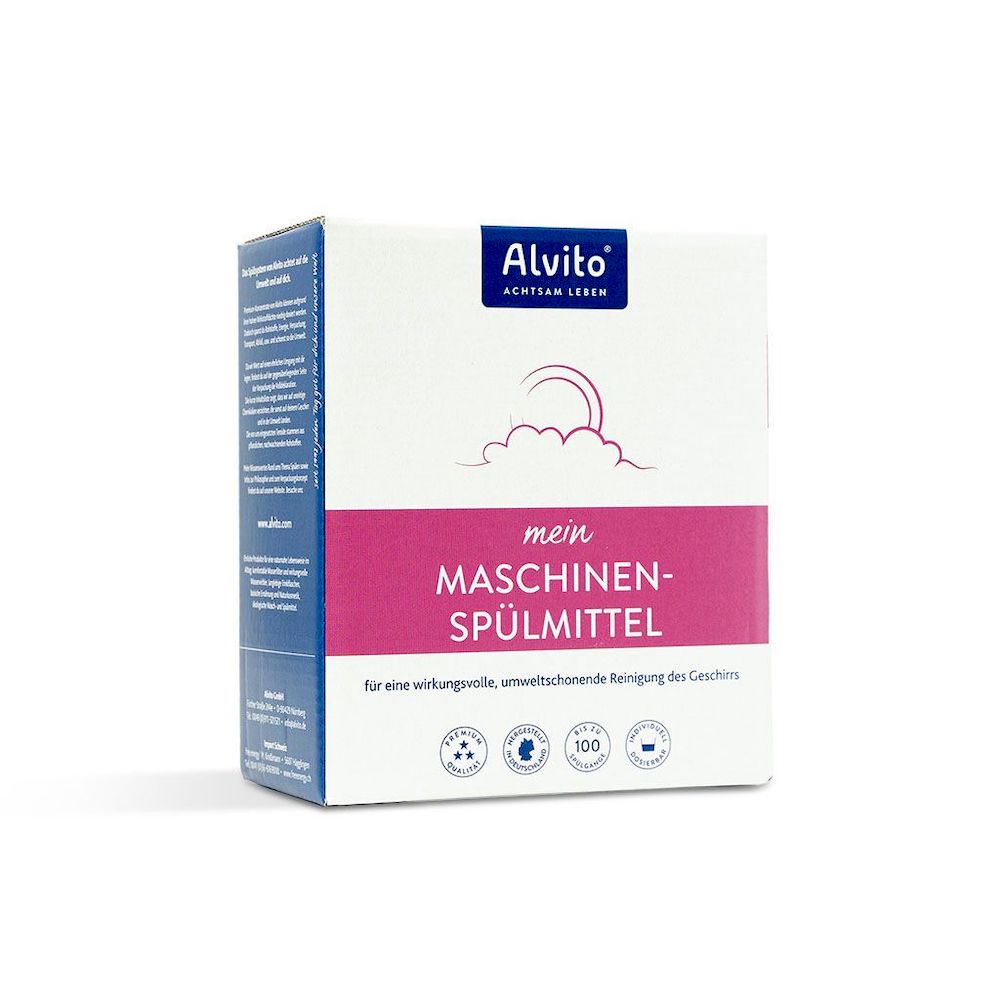 Eine 500g-Packung Alvito Maschinenspülmittel, ein umweltfreundliches, phosphatfreies Geschirrspülmittel. Die meist weiße Alvito-Verpackung trägt ein rosa Etikett mit deutschem Text und Symbolen für Wirksamkeit und Nachhaltigkeit.