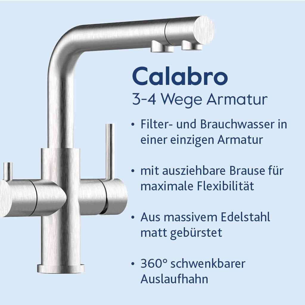 Das Alvito Untertisch-Wasserfilter Set Integral Premium beinhaltet eine gebürstete Edelstahl-Armatur mit mehreren Hebeln, doppeltem Wasserauslauf, herausziehbarer Brause, 360° schwenkbarem Auslauf und ist mit Wasserfiltern kompatibel.