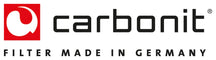 Logo für Carbonit mit einem roten Quadrat mit einer weißen abstrakten Form auf der linken Seite, dem Wort Carbonit in fetten schwarzen Kleinbuchstaben und der Tagline FILTER MADE IN GERMANY darunter.