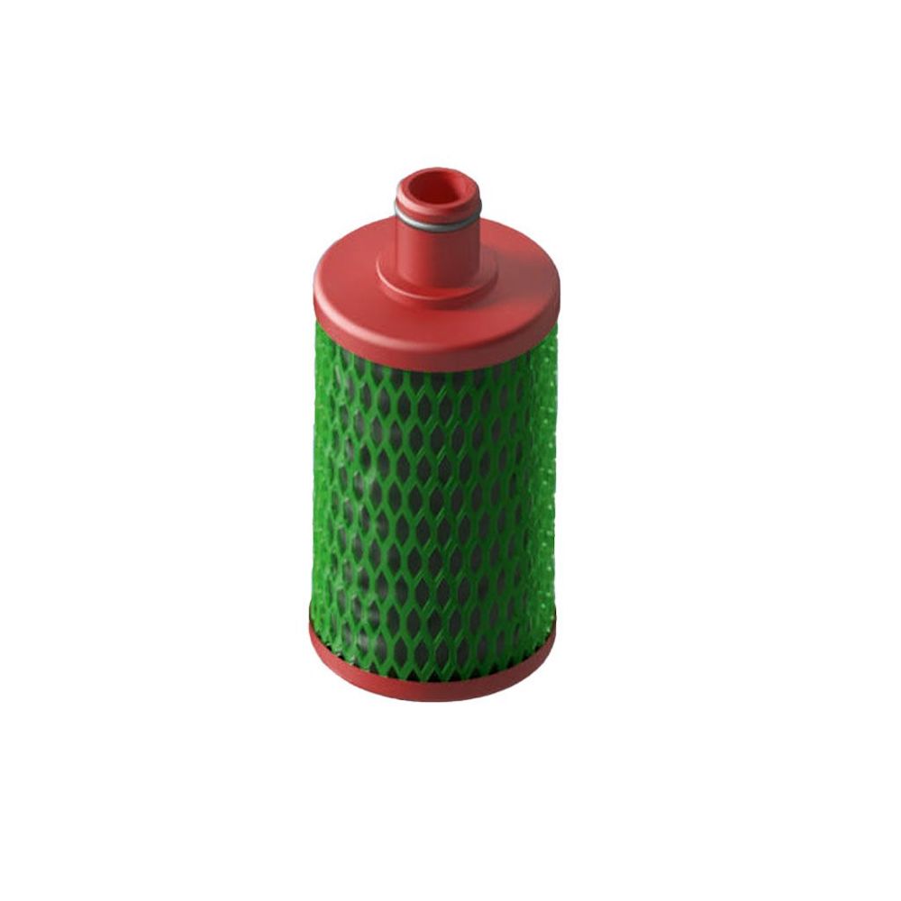 Der Carbonit RFP inox VS für GO travel inox ist ein zylindrischer Wasserfilter mit roter Ober- und Unterseite und grünem Maschengehäuse, der für die Flüssigkeits- oder Luftfiltration konzipiert ist. Er ist auf weißem Hintergrund abgebildet.