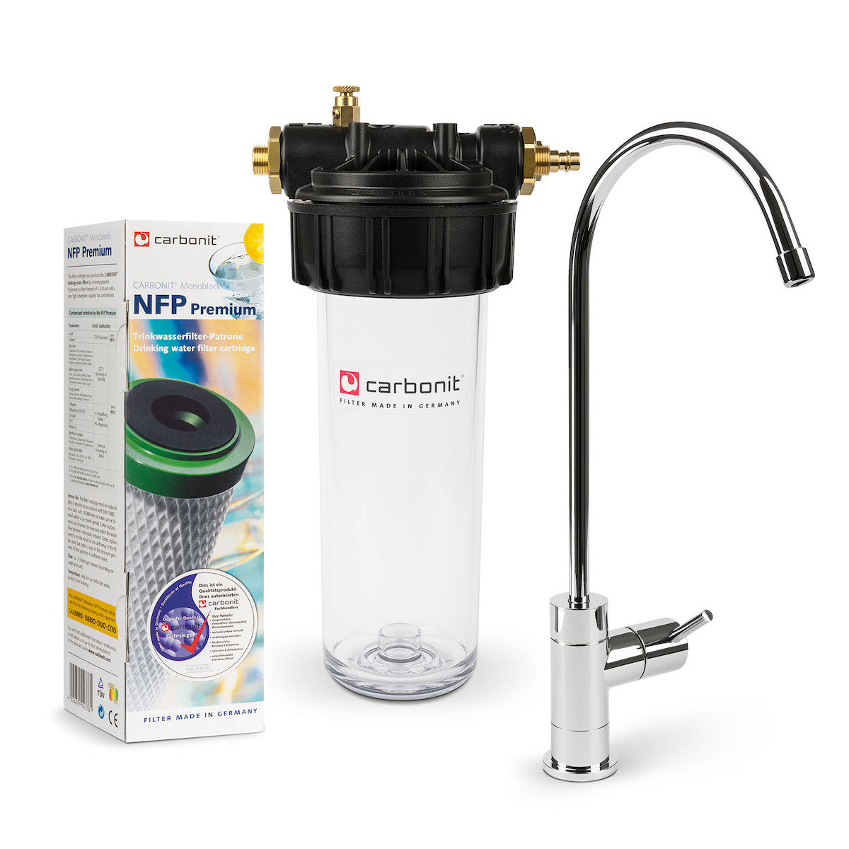 Der Carbonit VARIO Wasserfilter von Carbonit besteht aus einem transparenten Filtergehäuse, einem Metallhahn und einer Box mit Kartuschenabbildung und Informationen - perfekt als Untertischwasserfilterlösung.