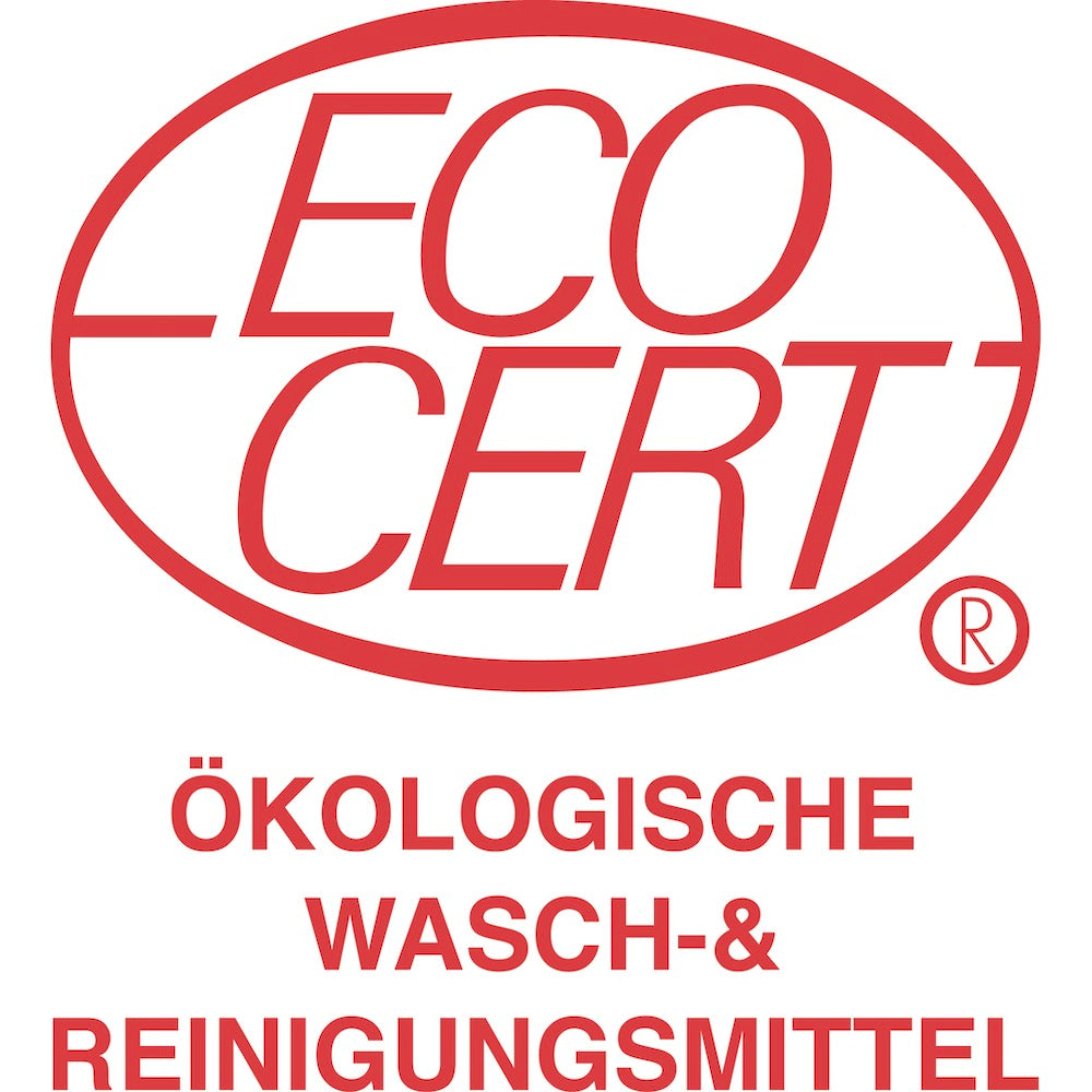 Rotes ECOCERT-Logo mit deutschem Text "ÖKOLOGISCHE WASCH- & REINIGUNGSMITTEL" darunter, das zeigt, dass ECOCERT umweltfreundliche Produkte wie das hautfreundliche Alvito HandSpülmittel 500 ml von Alvito zertifiziert.