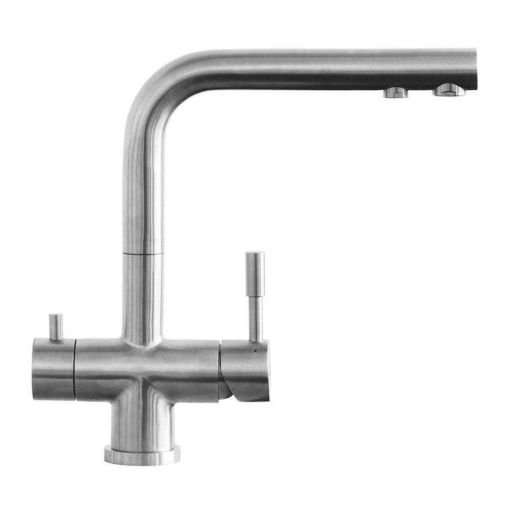 Der Florenz 3-Wege-Wasserhahn Edelstahl matt ist eine moderne Küchenarmatur mit einem hohen, eckigen Auslauf, einem einseitigen Hebelgriff und zwei Knöpfen am Auslaufende zur einfachen Steuerung des Wasserflusses.