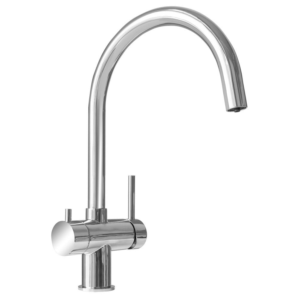 Der Furore 3-Wege-Wasserhahn Edelstahl ist eine moderne Küchenarmatur in Edelstahloptik mit einem hohen, geschwungenen Auslauf und einem Einhebelgriff, der sich vor einem schlichten weißen Hintergrund präsentiert.