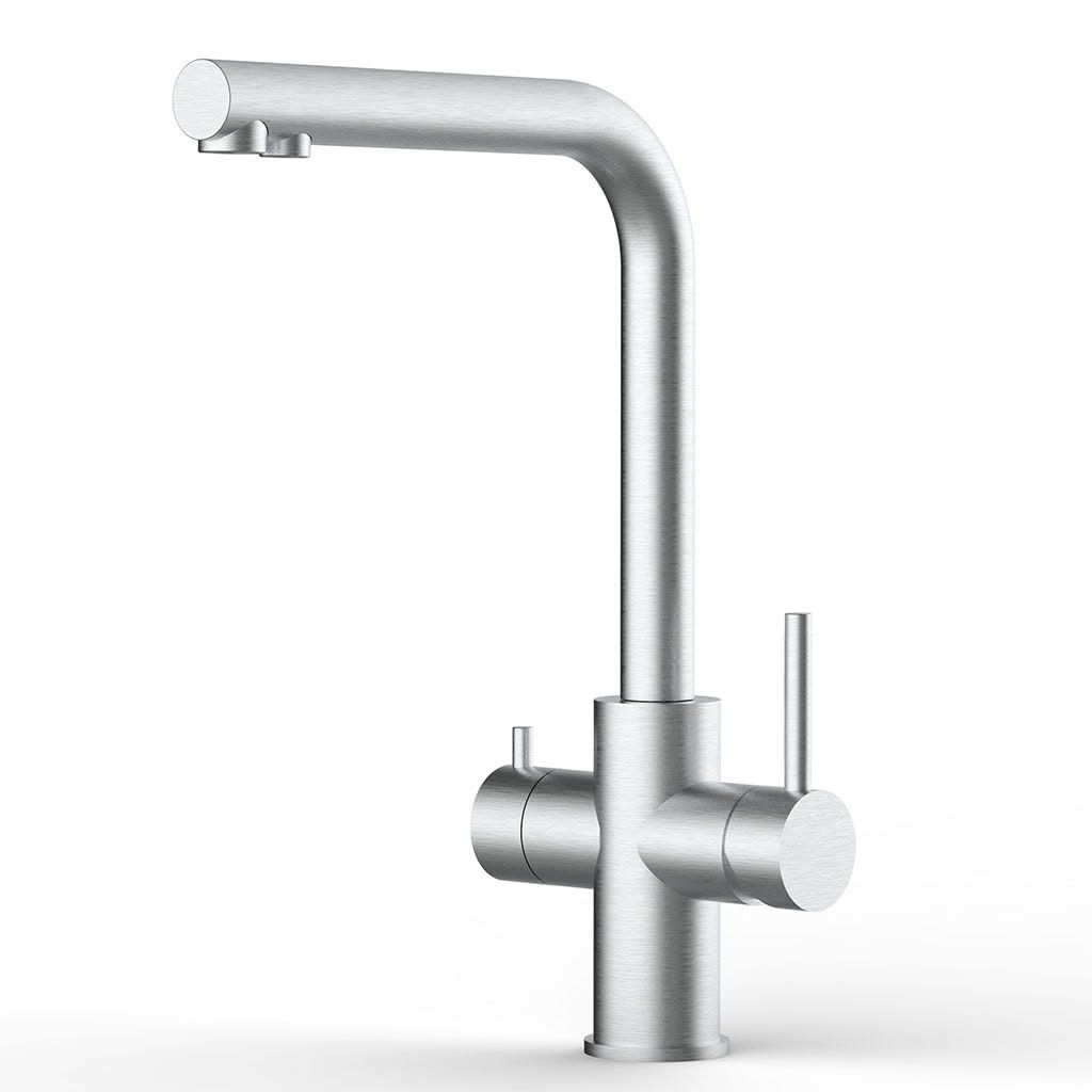 Der Lago 5-Wege-Wasserhahn Edelstahl matt gebürstet - hohe Variante verfügt über einen hohen Auslauf, einen Einhebel, eine seitliche Bedienung und liefert gefiltertes Wasser - formschön präsentiert vor einem strahlend weißen Hintergrund.