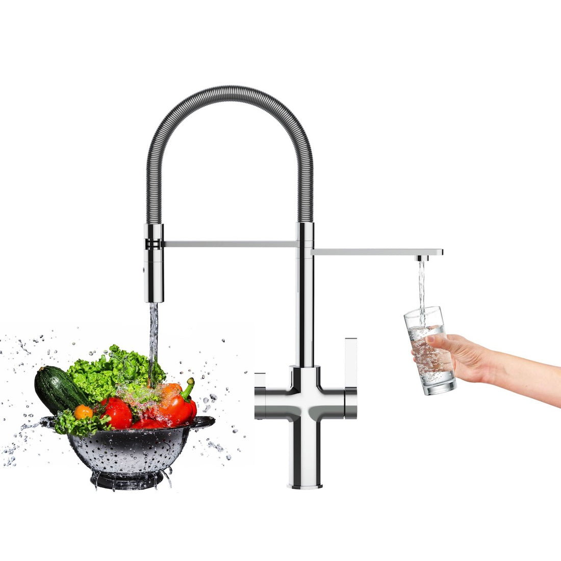 Der Levanto Neo 3-Wege-Wasserhahn Chrom spendet Wasser über einer Gemüseschale auf der linken Seite, während eine Hand ein Glas aus einem anderen Ausguss auf der rechten Seite füllt, vor einem weißen Hintergrund.