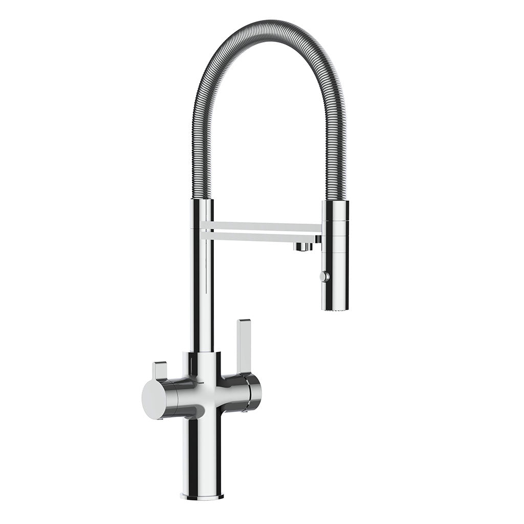 Die Levanto Neo 3-Wege-Wasserhahn Chrom ist eine moderne Küchenarmatur mit einem hohen, geschwungenen, flexiblen Auslauf und zwei Griffen in schlichtem, minimalistischem Design in Chrom.
