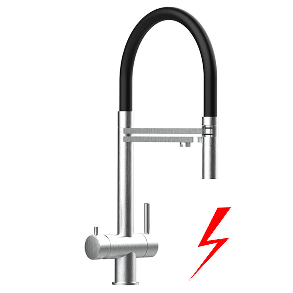 Die Sonstige Levanto Niederdruck Edelstahl matt ist eine moderne Küchenarmatur in Schwarz und Silber mit einem hohen, geschwungenen Auslauf. Ein roter Blitz in der Nähe des Sockels deutet auf eine mögliche elektrische oder elektrische Funktion hin.