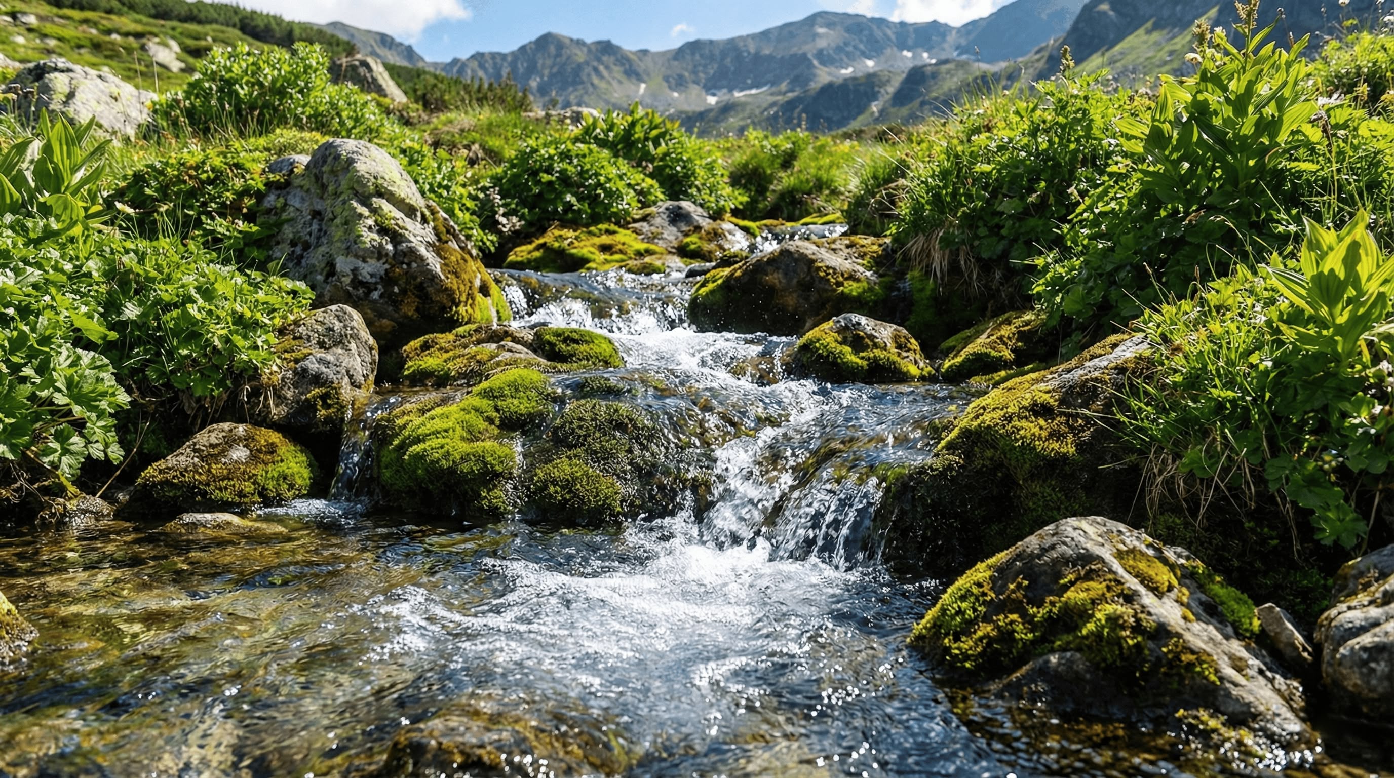 Ein klarer Gebirgsbach fließt über moosbewachsene Felsen und durch eine üppige grüne Vegetation, mit fernen Bergen und einem blauen Himmel im Hintergrund.