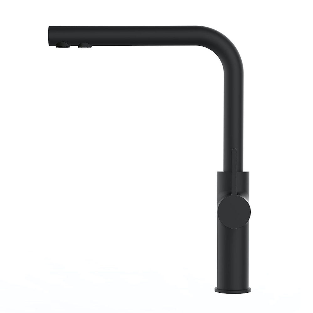 Der Paola NEO Black 3-Wege Wasserhahn ist eine moderne Küchenarmatur mit hohem, rechtwinkligem Auslauf und minimalistischem Design, dargestellt auf weißem Hintergrund.