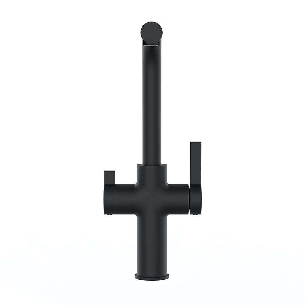 Die Paola NEO Black 3-Wege-Wasserhahn zeichnet sich durch ein modernes zylindrisches Design in mattem Schwarz, zwei seitliche Griffe und einen geraden Auslauf aus, der vor einem schlichten weißen Hintergrund steht.