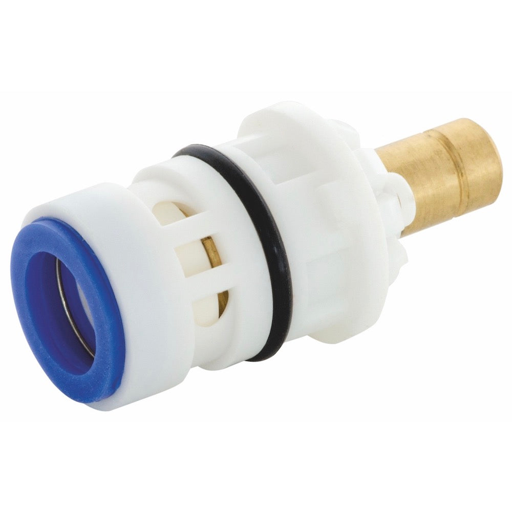 Eine Nahaufnahme der Alvito Ventil für Armatur Trento Kartusche mit weißem Kunststoffkörper, Messingende, schwarzem Gummi-O-Ring und blauer Dichtung - ideal für eine präzise Wasserflussregelung.