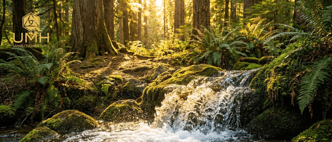 Ein kleiner Wasserfall fließt über moosbewachsene Felsen in einem sonnenbeschienenen Wald mit hohen Bäumen und Farnen. Das Logo "UMH" und der Text "UMWELTTECHNOLOGIEN" erscheinen in der oberen linken Ecke.