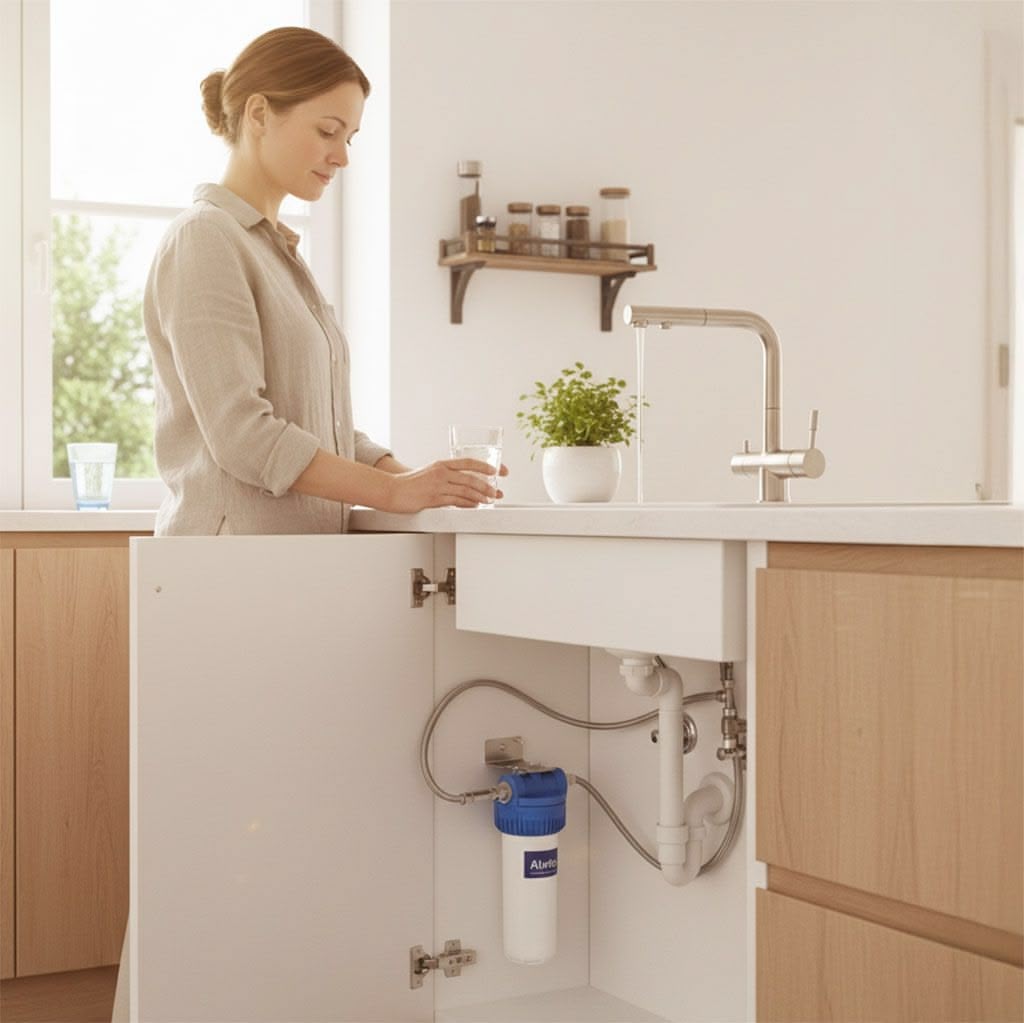 Eine Frau steht in einer hellen Küche und füllt ein Glas Wasser am Spülbecken. Im offenen Schrank darunter ist ein Alvito Untertisch-Wasserfilter-Set Integral Pro zur effektiven Wasserbelebung installiert.