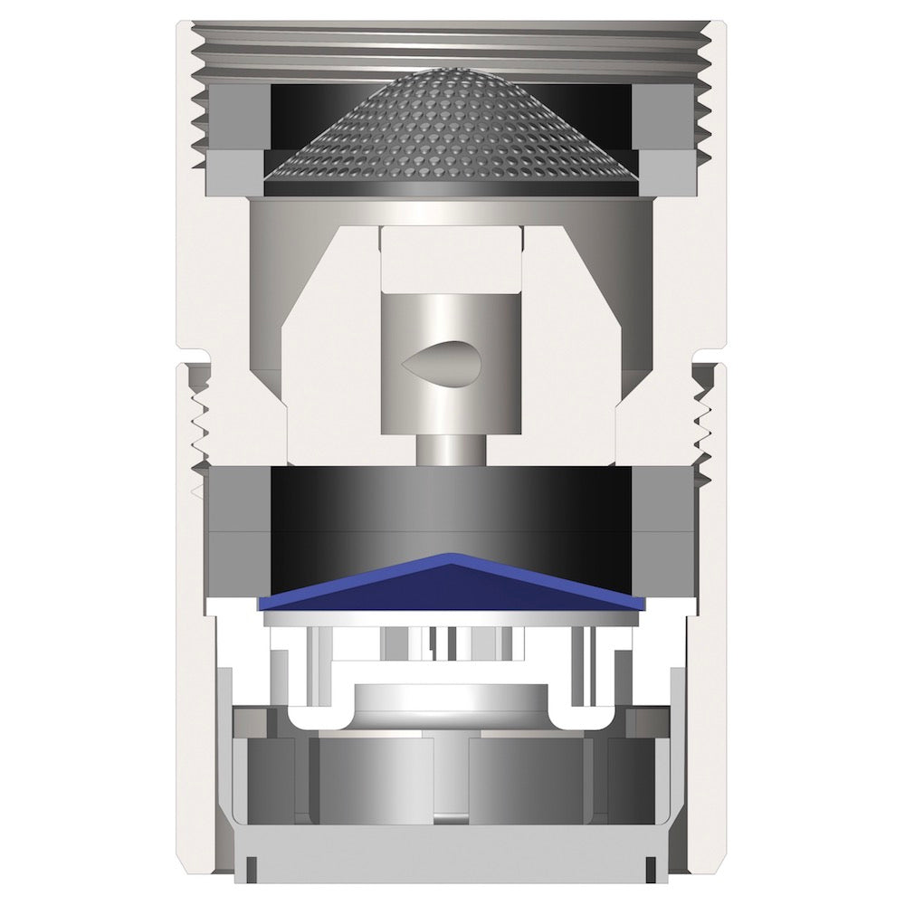 Querschnittsdarstellung eines mechanischen Ventils oder einer Armatur mit innenliegenden Dichtungen, Feder und konischem Gewebe in einem zylindrischen Gehäuse mit Gewinde - wie der Alvito Wasserwirbler VIVA (2.8) von Alvito zur Belebung von Leitungswasser.