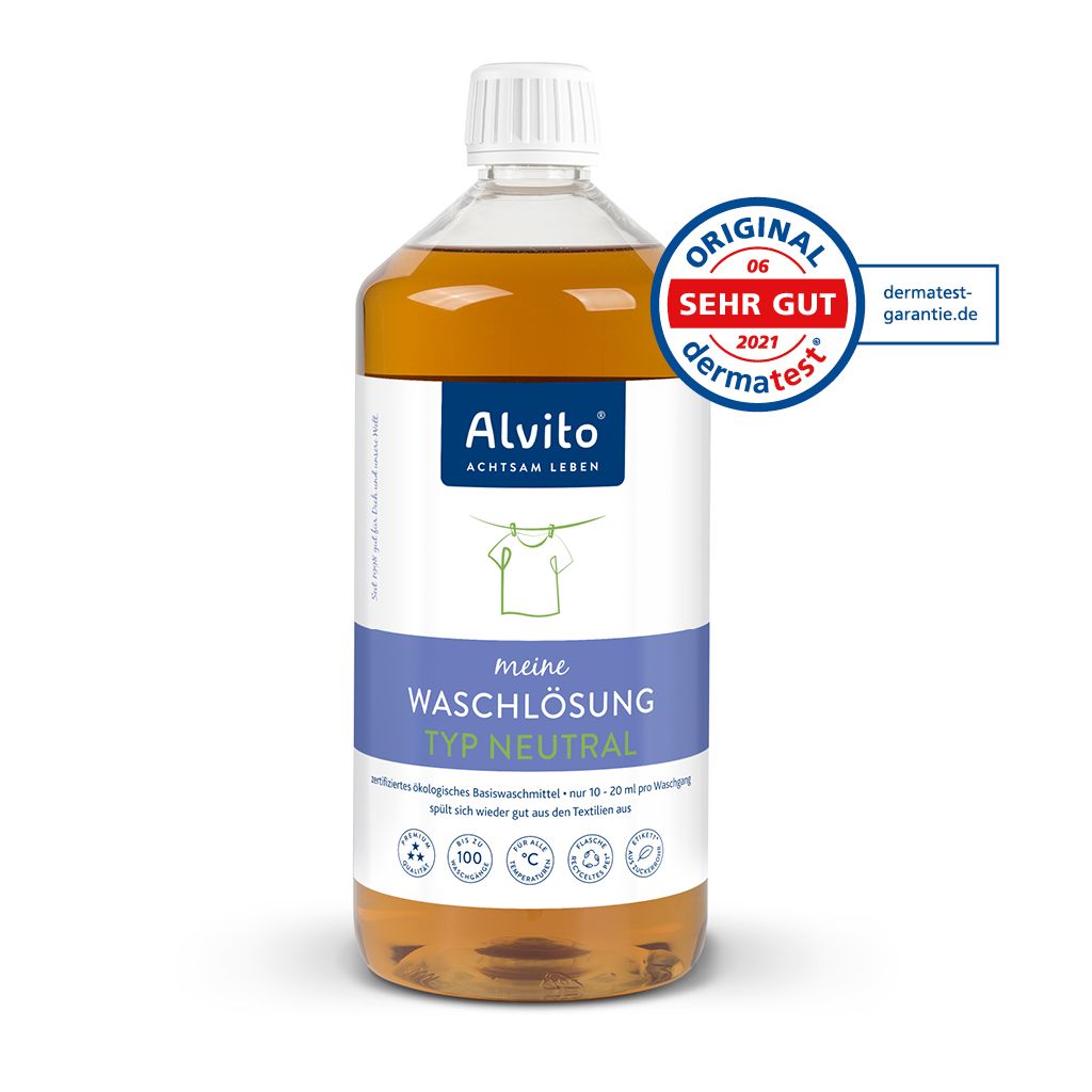 Abgebildet ist eine durchsichtige Flasche Alvito Ökologische Waschlösung von Alvito mit weißer Kappe, blau-weißem Etikett und rotem 2021 "sehr gut"-Dermatestsiegel vor weißem Hintergrund.
