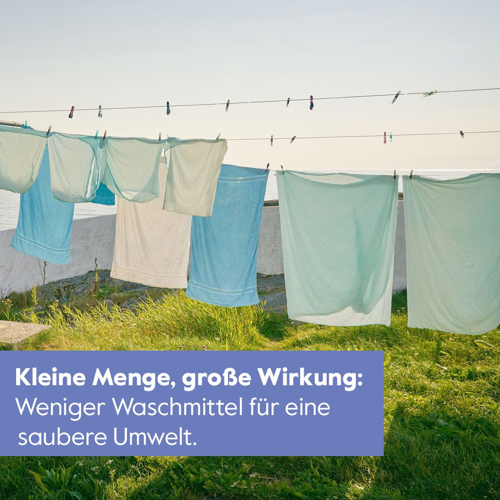 Im Freien hängende Wäsche mit Blick auf eine malerische Landschaft. Ein deutscher Textkasten darunter wirbt für Alvito Ökologische Waschlösung, ein umweltfreundliches Flüssigwaschmittel von Alvito, für eine sauberere Umwelt.
