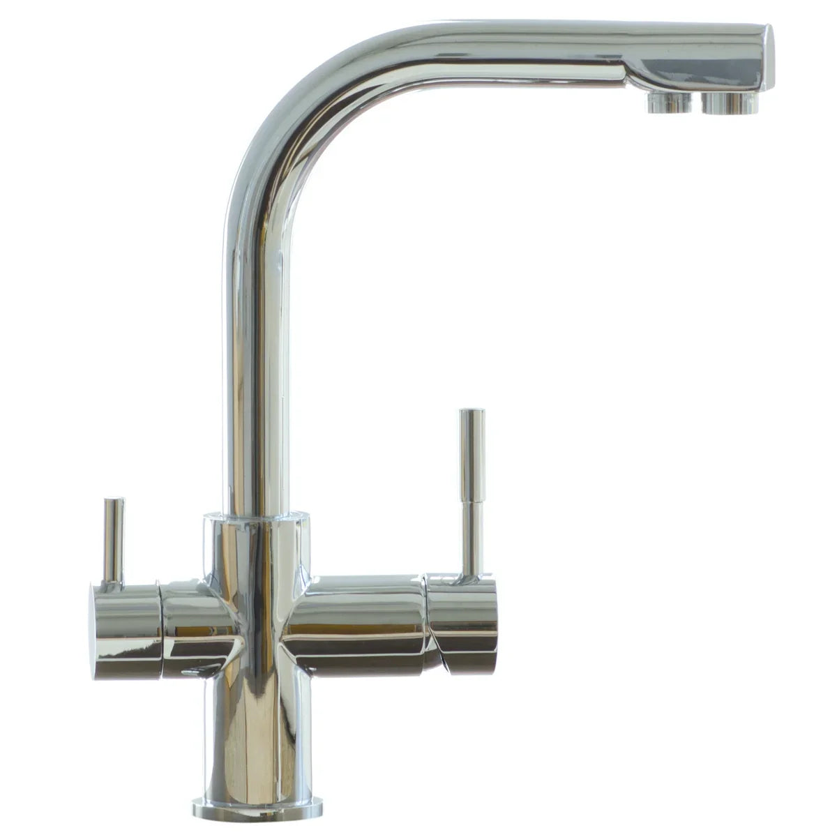 Der Verona 3-Wege-Wasserhahn Chrom für Wasserfilter ist eine moderne Küchenarmatur mit einem hochgewölbten Auslauf und zwei Griffen, ideal für Einbaufiltersysteme, isoliert auf weißem Hintergrund dargestellt.