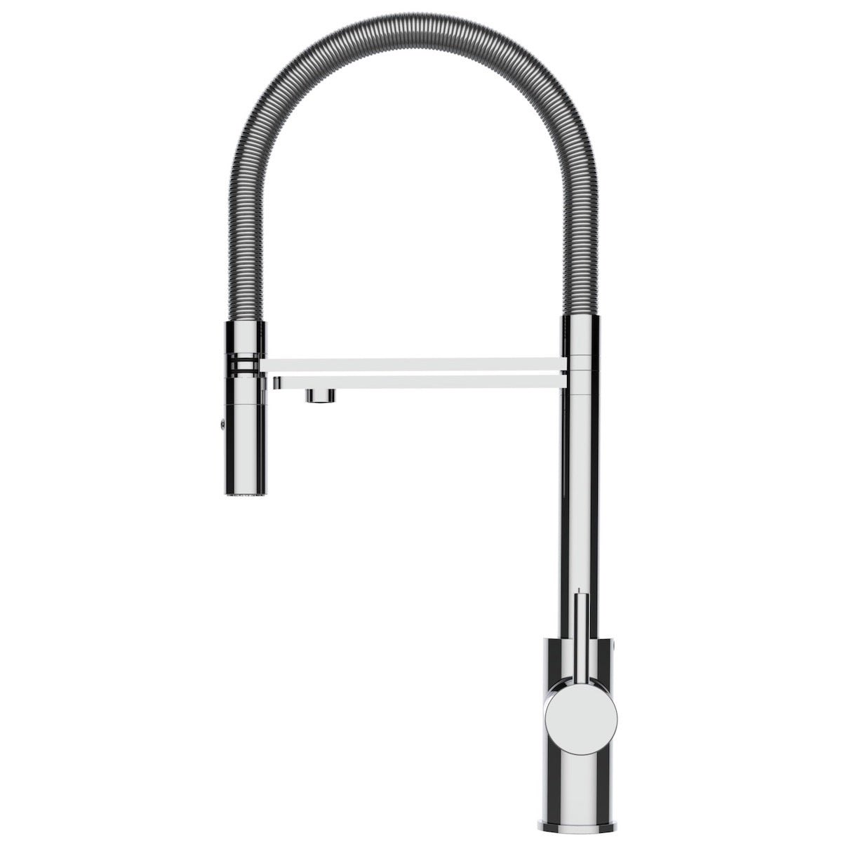 Die Levanto 3-Wege-Wasserhahn Chrom ist eine moderne Küchenarmatur aus Edelstahl mit einem hohen, flexiblen Federauslauf und einem Einhebelgriff, der perfekt zu modernen Spülen passt.