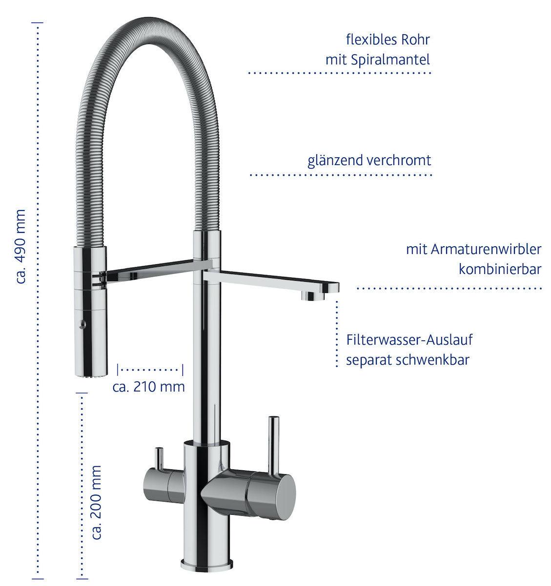 Levanto 3-Wege-Wasserhahn Chrom: Küchenarmatur mit flexiblem Spiralschlauch, zwei Griffen, separatem schwenkbarem Auslauf für gefiltertes Wasser. Blaue deutsche Etiketten zeigen ca. 490 mm Höhe, 200 mm Auslaufhöhe und 210 mm Ausladung.
