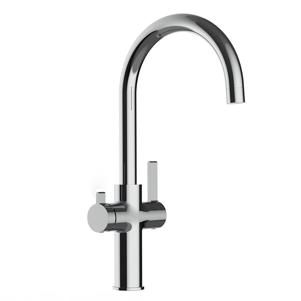 Die Furore NEO 3-Wege-Wasserhahn Chrom ist eine moderne Küchenarmatur mit einem hohen, geschwungenen Auslauf und zwei Hebelgriffen, verchromt und auf weißem Grund.