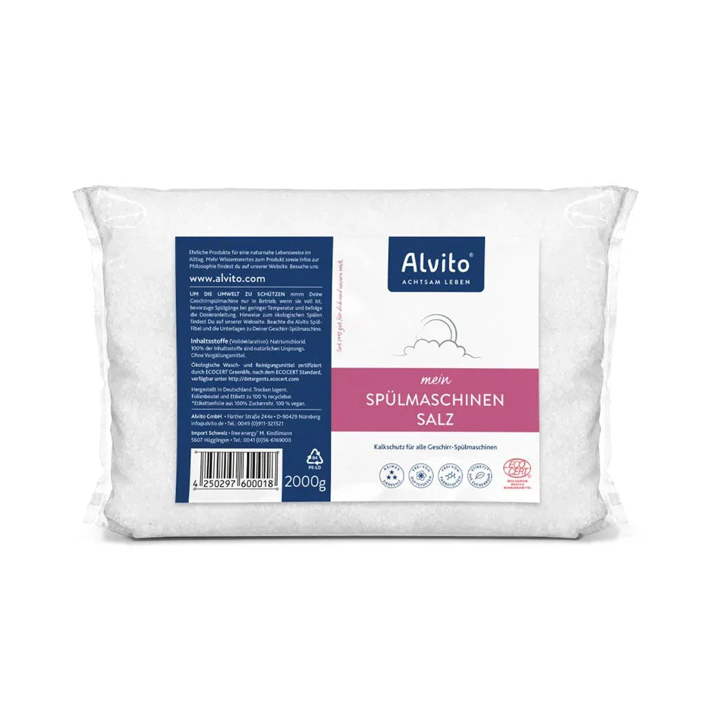 Ein 2-kg-Sack Alvito SpülmaschinenSalz ökologisch zeichnet sich durch weißes Salzgranulat, ein deutsches Etikett, blaues und rosafarbenes Design und einen Barcode auf der Vorderseite für Spülmaschine Pflege aus.