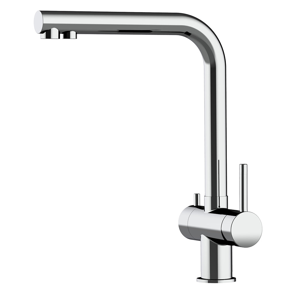 Die Atessa 3-Wege-Wasserhahn Edelstahl ist eine moderne Küchenarmatur mit Edelstahl-Finish, geschwungenem Auslauf und einem einzigen Hebel auf der rechten Seite.