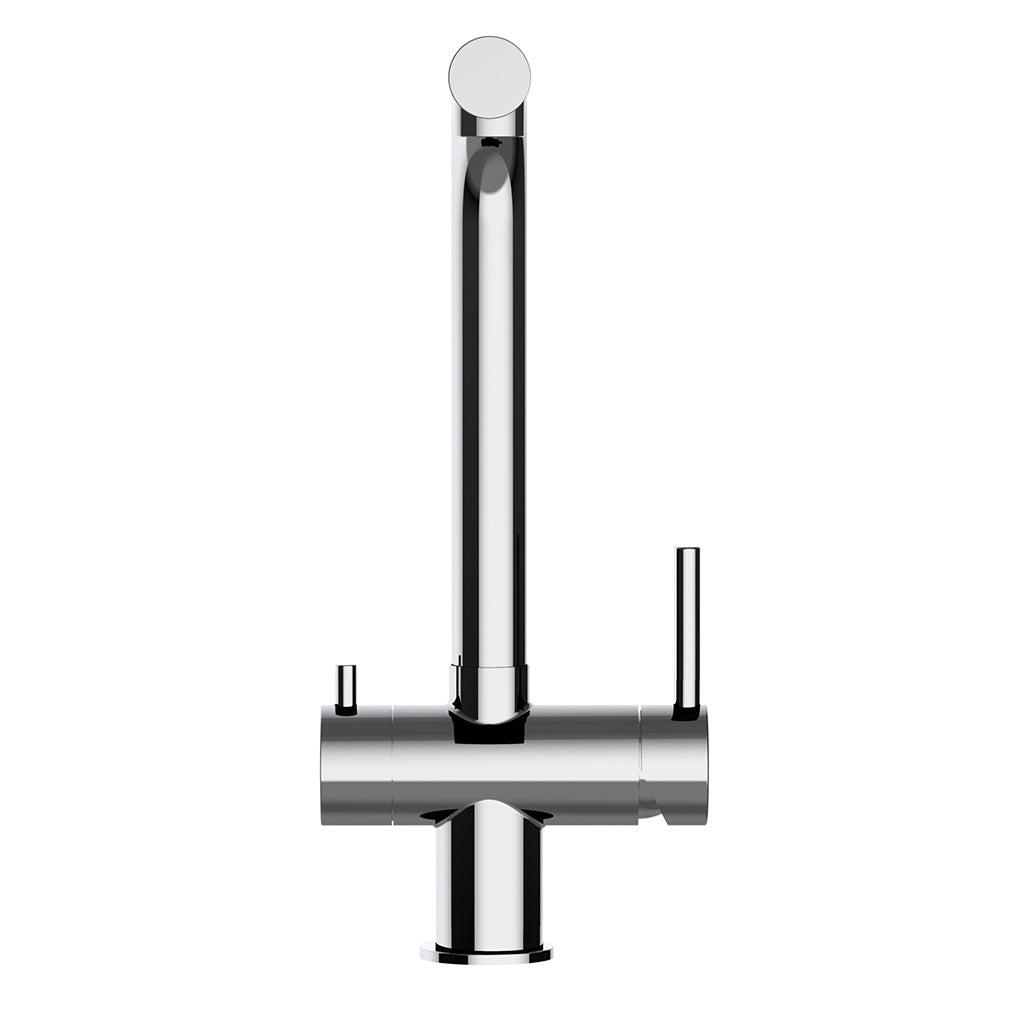 Der Atessa 3-Wege-Wasserhahn Edelstahl ist eine moderne Küchenarmatur mit verchromter Oberfläche, senkrechtem Auslauf, zylindrischem Körper und zwei schlanken seitlichen Hebelgriffen, die vor einem schlichten weißen Hintergrund gezeigt werden.