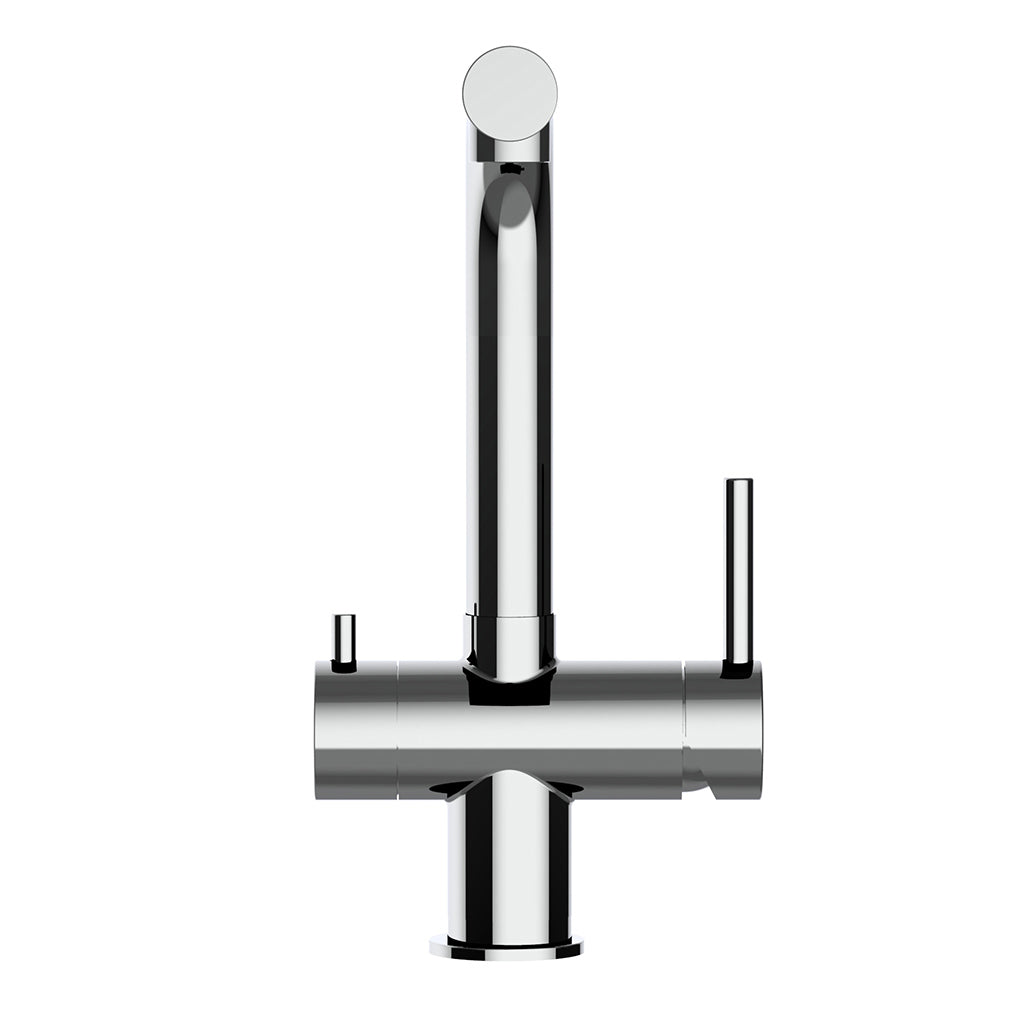 Der Atessa 3-Wege-Wasserhahn Edelstahl ist eine moderne, verchromte Küchenarmatur mit einem hohen, geschwungenen Auslauf und zwei schlanken, zylindrischen Griffen, die vor einem schlichten weißen Hintergrund stehen.