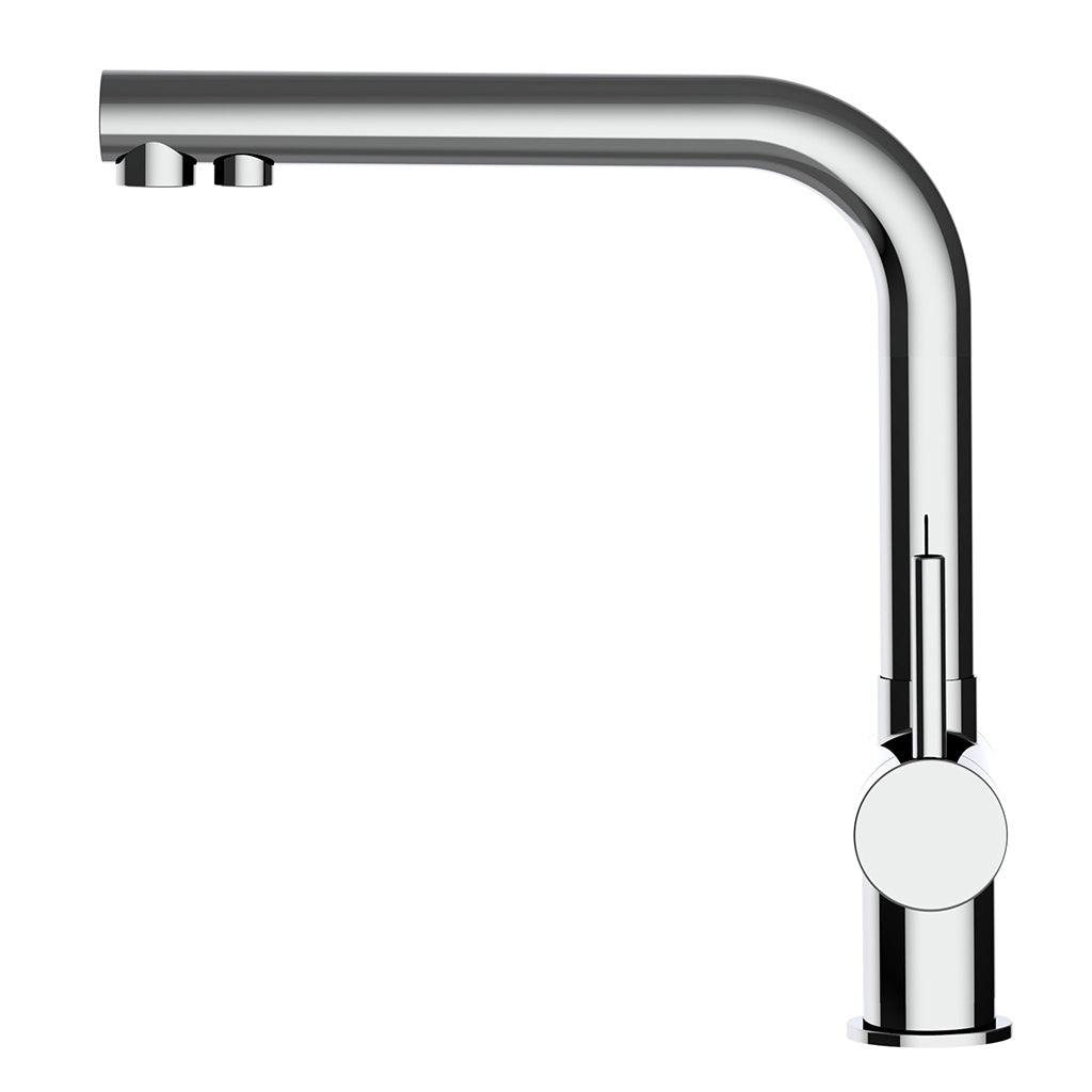 Atessa 3-Wege-Wasserhahn Edelstahl: moderne, verchromte Küchenarmatur mit hohem, kantigem Auslauf und seitlichem Einhebelgriff, vielseitig einsetzbar in minimalistischem Design - hier auf weißem Grund.