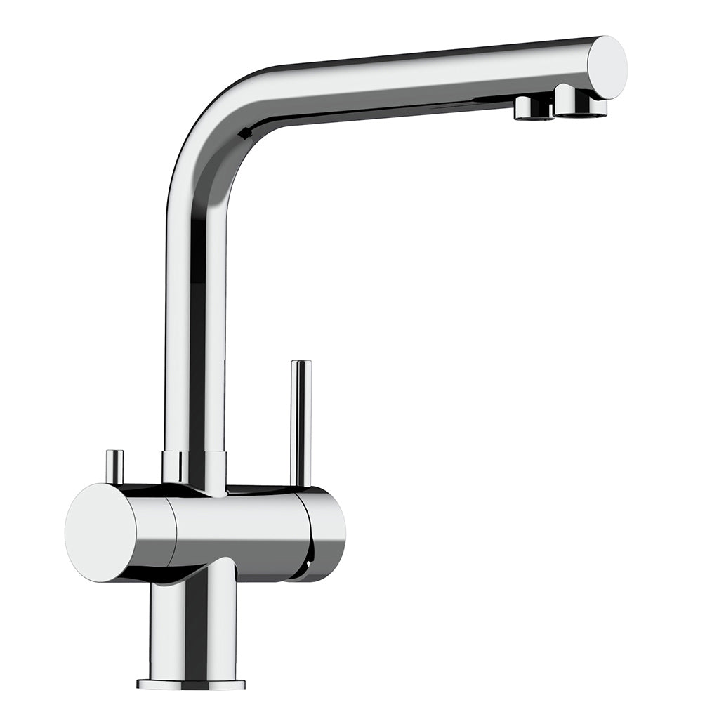 Der Atessa 3-Wege-Wasserhahn Edelstahl ist eine moderne Küchenarmatur mit hochgewölbtem Auslauf, zylindrischem Sockel und Einhebelmischer, gefertigt aus Edelstahl und isoliert auf weißem Hintergrund dargestellt.