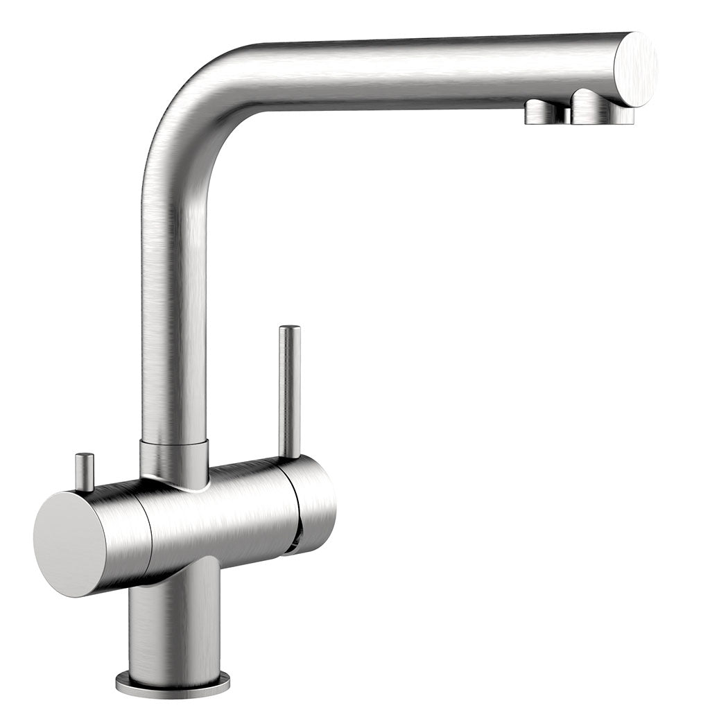 Der Atessa 3-Wege-Wasserhahn Edelstahl ist eine moderne Küchenarmatur aus Edelstahl mit rechtwinkligem Auslauf und einseitigem Hebel, dargestellt auf einem schlichten weißen Hintergrund.