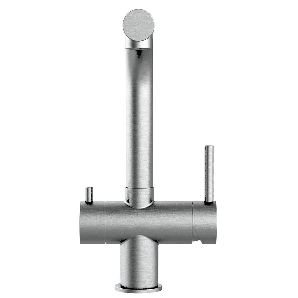 Der Atessa 3-Wege-Wasserhahn Edelstahl ist eine moderne Küchenarmatur aus Edelstahl mit zylindrischem Design, hohem geradem Auslauf und einseitigem Hebelgriff, dargestellt auf einem schlichten weißen Hintergrund.