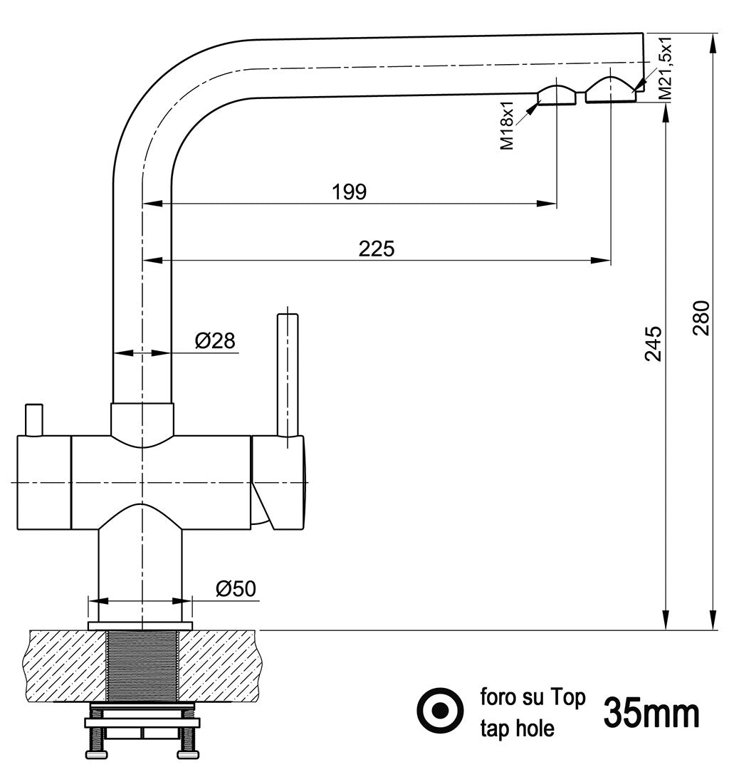 Technisches Diagramm der Küchenarmatur Atessa 3-Wege-Wasserhahn Edelstahl mit den Maßen in der Seitenansicht: Auslaufhöhe 280 mm, Ausladung 225 mm, Griffpositionen, Rohrdurchmesser und ein für die Installation erforderliches Hahnloch von 35 mm.