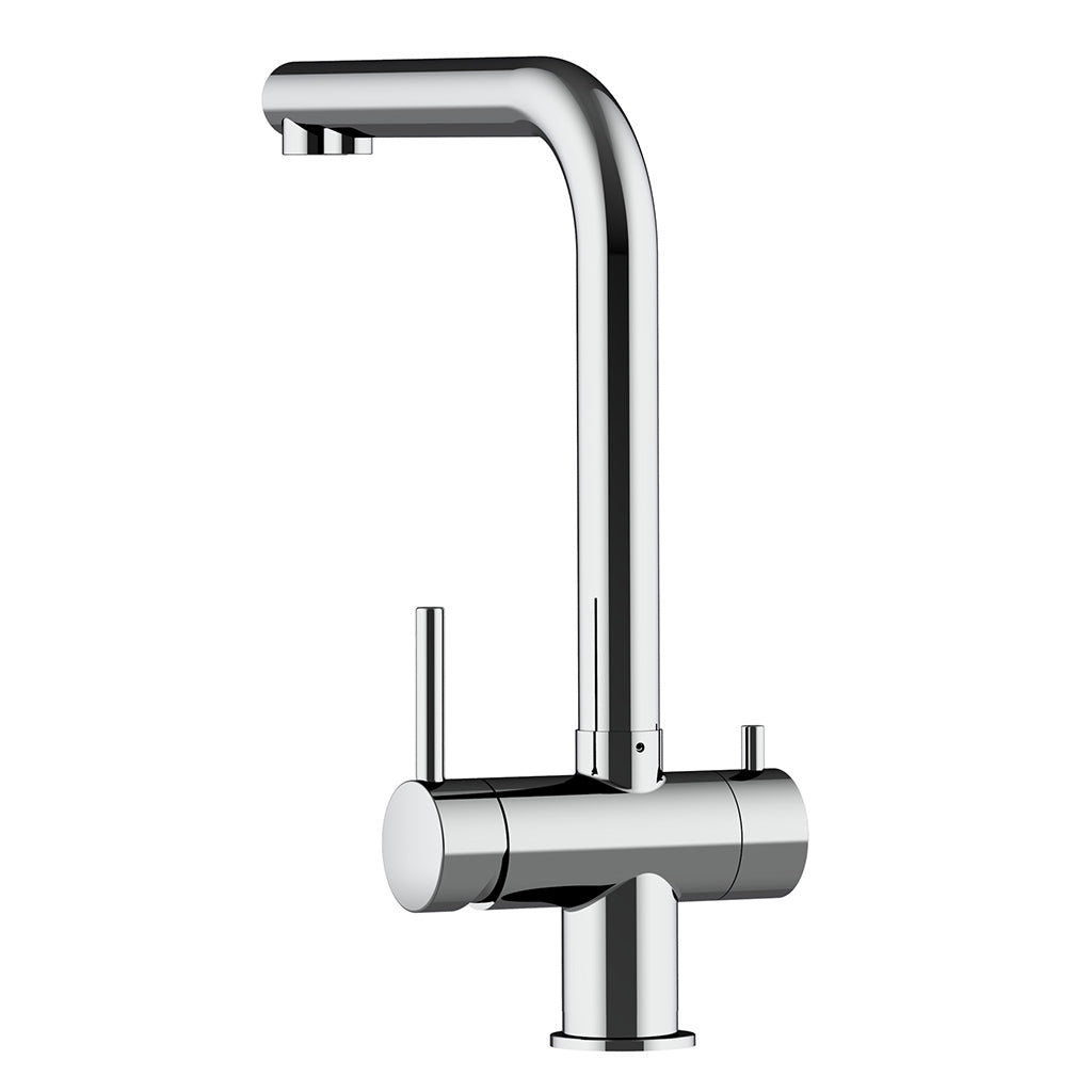 Der Atessa 3-Wege-Wasserhahn Edelstahl ist eine moderne Küchenarmatur mit einem hohen, kantigen Auslauf aus Edelstahl und zwei seitlichen Hebeln zur präzisen Steuerung von Wasserfluss und Temperatur.