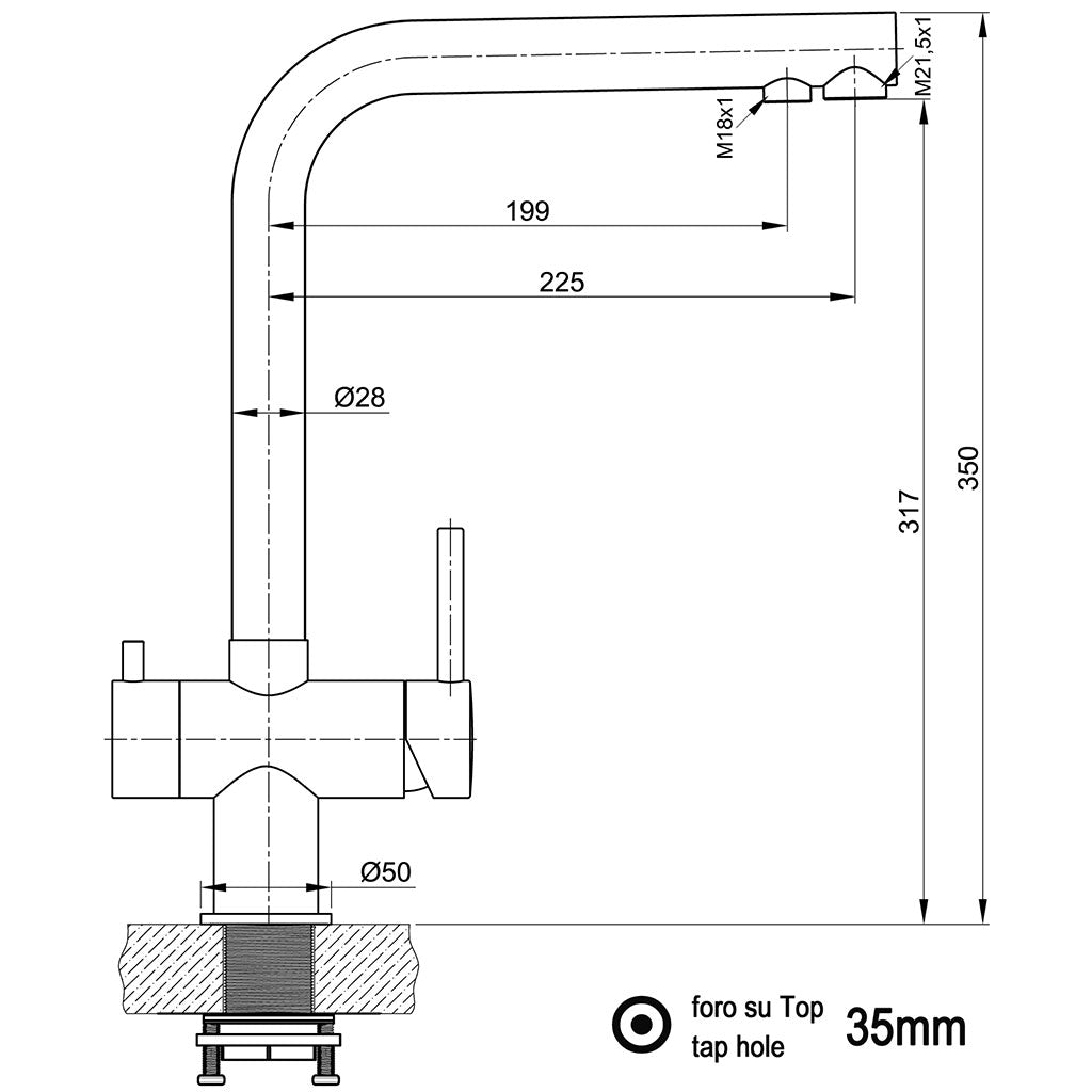 Die technische Zeichnung der Atessa 3-Wege-Wasserhahn Edelstahl Küchenarmatur zeigt die Maße in Millimetern: 350 mm Höhe, 225 mm Ausladung, 35 mm Hahnloch. Zusätzlich beschriftete Maße für Durchmesser und Armaturen sind enthalten.