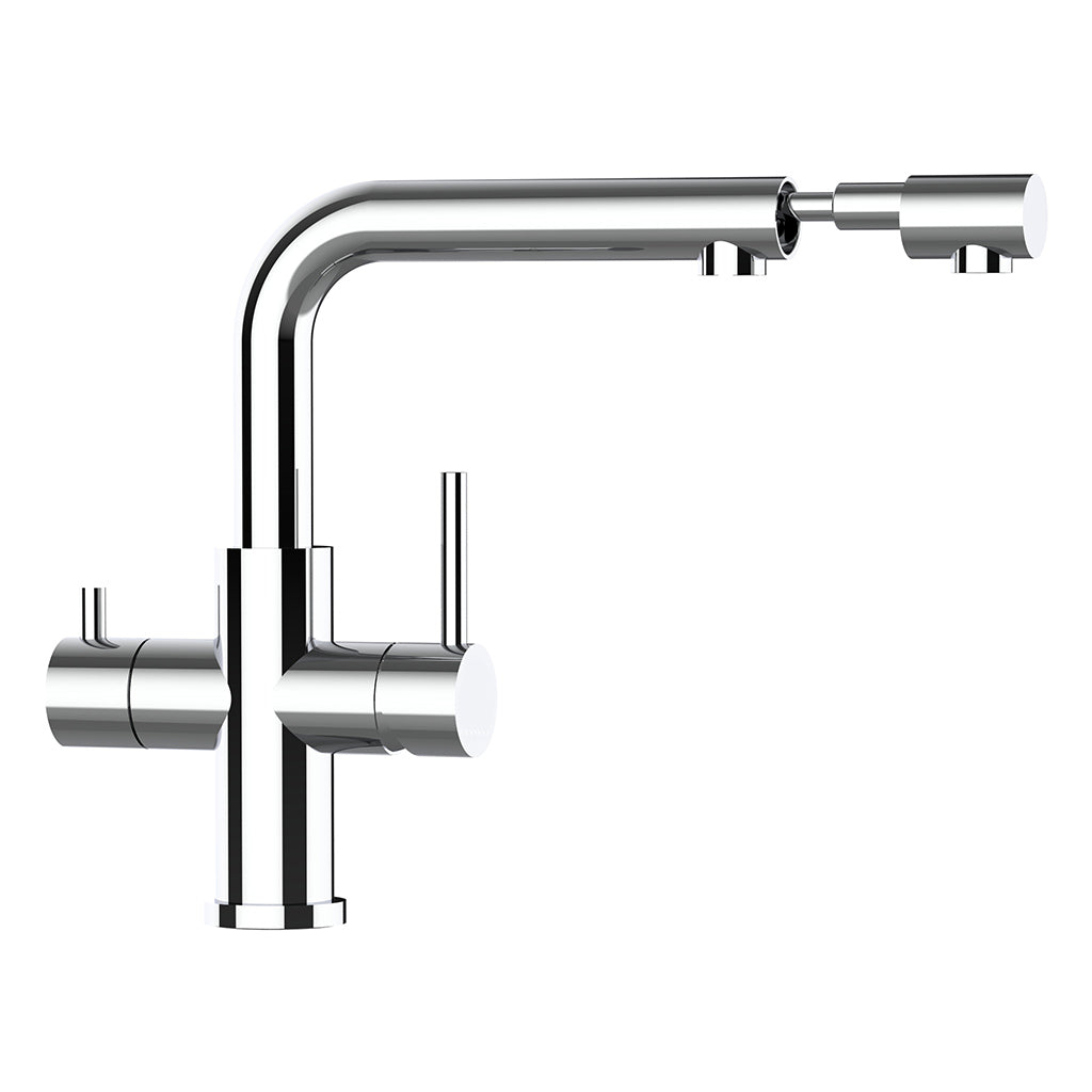 Der Calabro 3/4-Wege-Wasserhahn Edelstahl mit Ausziehbrause ist eine moderne Küchenarmatur mit einem hohen, gebogenen Auslauf, zwei Griffen und einer ausziehbaren Brause für einen regulierbaren Wasserfluss.